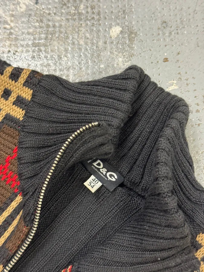 1990s Dolce & Gabbana Checkered Brown Wool Zip-up Sweater LRpHpvp 4