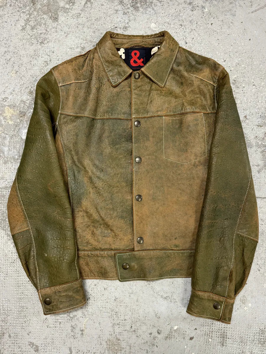 1990s Dolce & Gabbana Eroded Green Buttoned Leather Jacket thudFdI 0