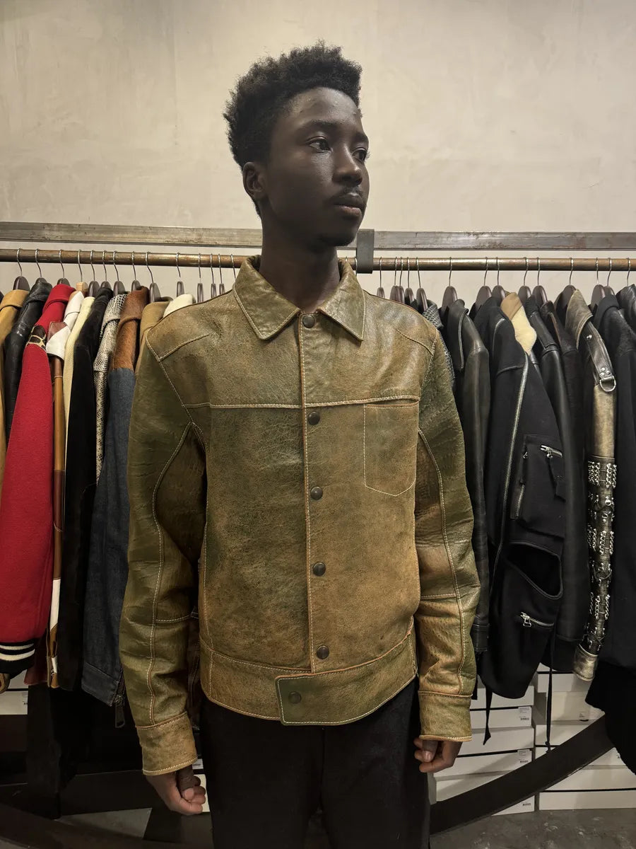 1990s Dolce & Gabbana Eroded Green Buttoned Leather Jacket thudFdI 1