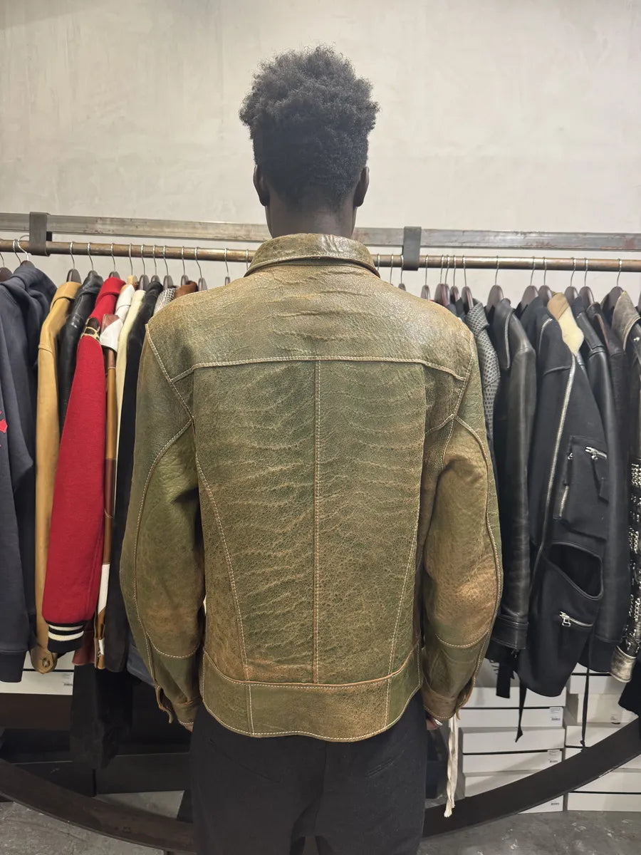 1990s Dolce & Gabbana Eroded Green Buttoned Leather Jacket thudFdI 2