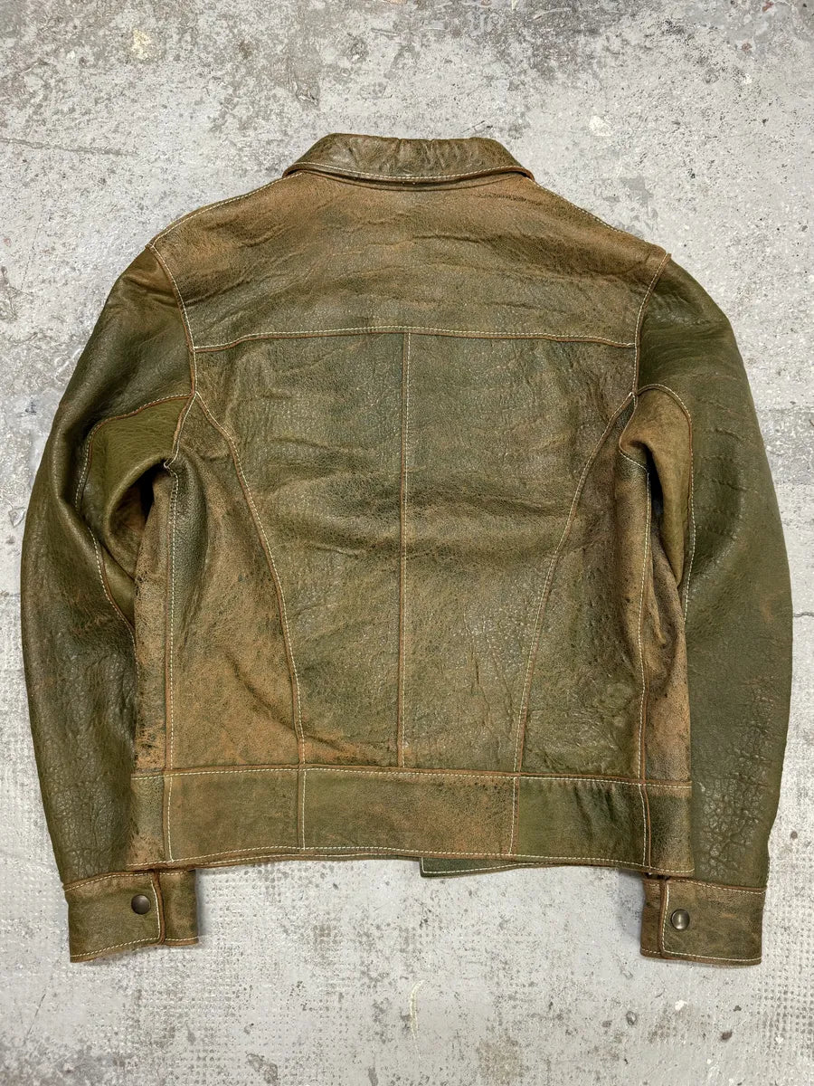 1990s Dolce & Gabbana Eroded Green Buttoned Leather Jacket thudFdI 4