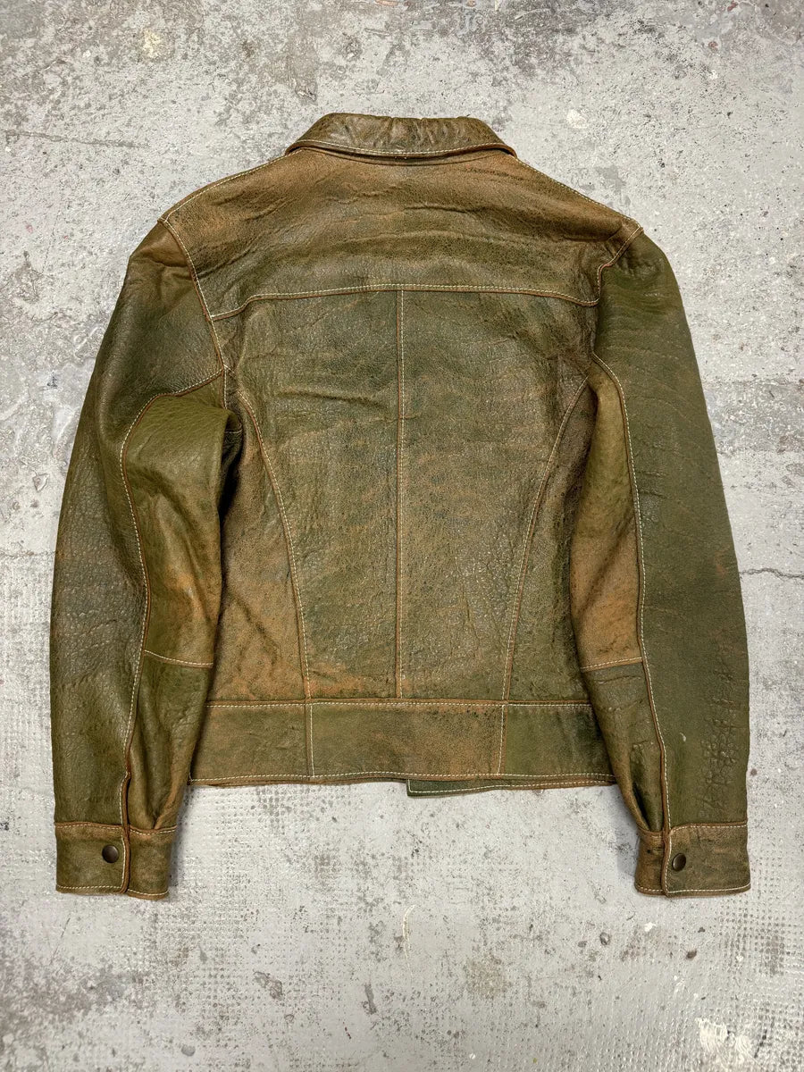 1990s Dolce & Gabbana Eroded Green Buttoned Leather Jacket thudFdI 5