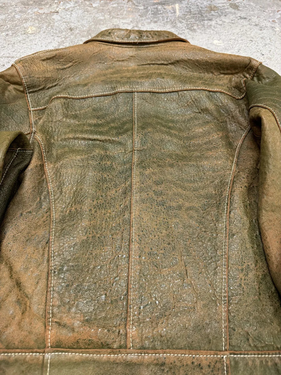 1990s Dolce & Gabbana Eroded Green Buttoned Leather Jacket thudFdI 6