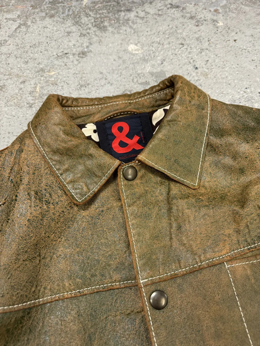 1990s Dolce & Gabbana Eroded Green Buttoned Leather Jacket thudFdI 9