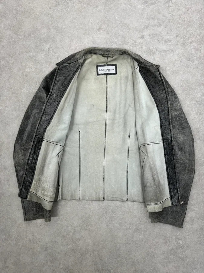 1990s Dolce & Gabbana Grey Eroded Grained Leather Jacket sWqhngK 8
