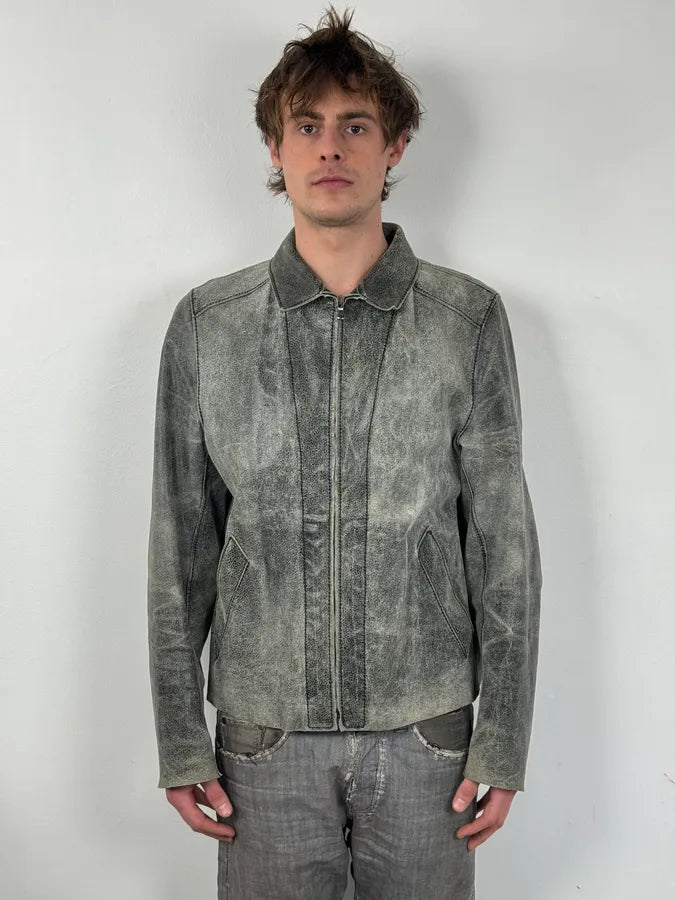 1990s Dolce & Gabbana Grey Eroded Grained Leather Jacket sWqhngK 1