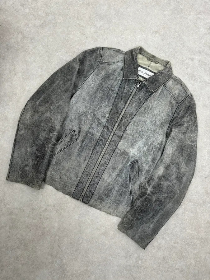 1990s Dolce & Gabbana Grey Eroded Grained Leather Jacket sWqhngK 3