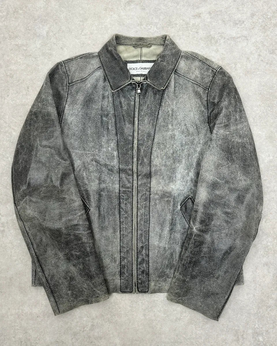 1990s Dolce & Gabbana Grey Eroded Grained Leather Jacket sWqhngK 0