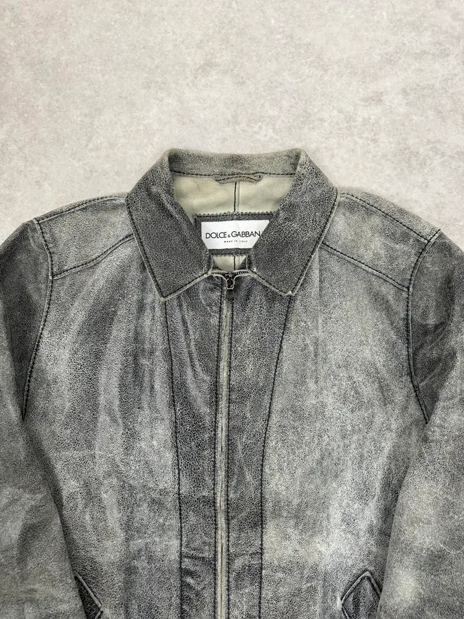 1990s Dolce & Gabbana Grey Eroded Grained Leather Jacket sWqhngK 4