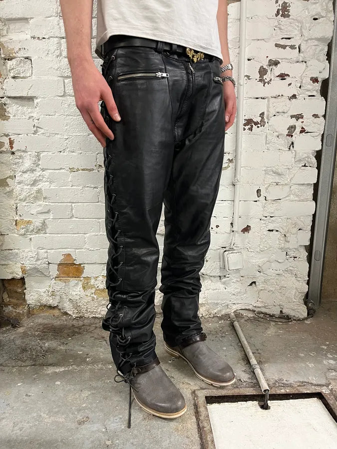 1990s Dolce & Gabbana Lace-Up Black Leather Pants bwLMLkv 2