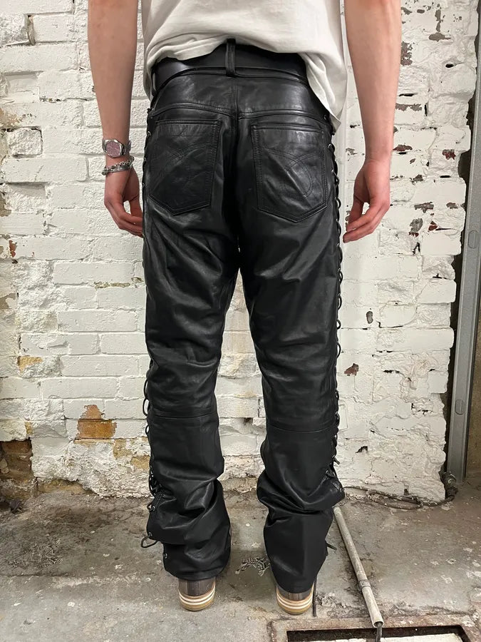 1990s Dolce & Gabbana Lace-Up Black Leather Pants bwLMLkv 3