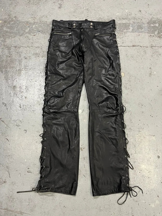 1990s Dolce & Gabbana Lace-Up Black Leather Pants bwLMLkv 4