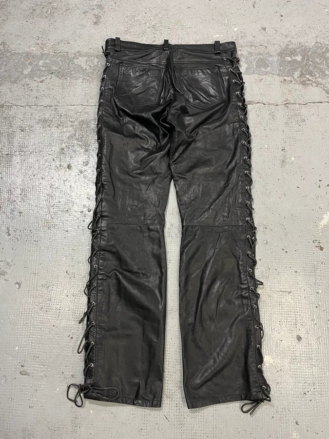 1990s Dolce & Gabbana Lace-Up Black Leather Pants bwLMLkv 7