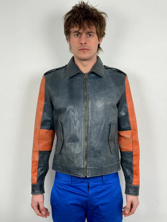 1990s Dolce & Gabbana Orange & Navy Cropped Leather Premium Jacket LOtvRIp 1