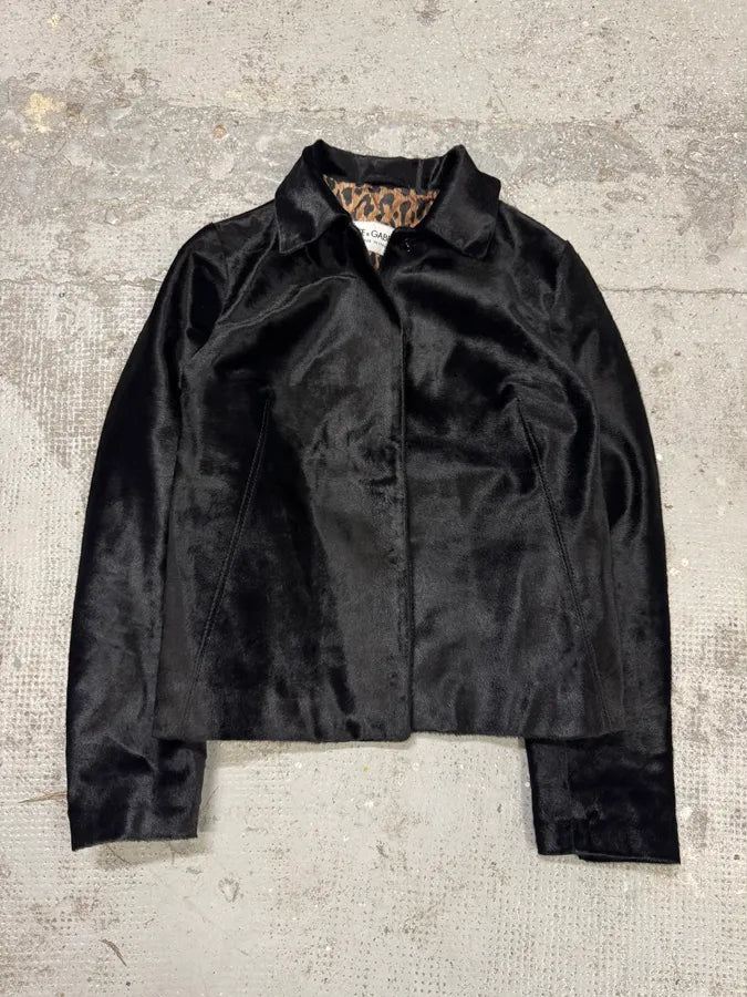 1990s Dolce & Gabbana Pony Hair Black Leather Jacket oKWpvTs 4