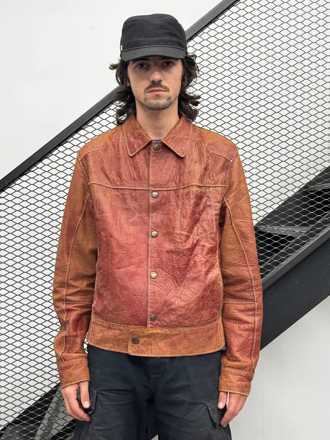 1990s Dolce & Gabbana Red Eroded Buttoned Leather Jacket KswVWxw 0
