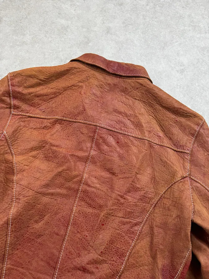 1990s Dolce & Gabbana Red Eroded Buttoned Leather Jacket KswVWxw 5