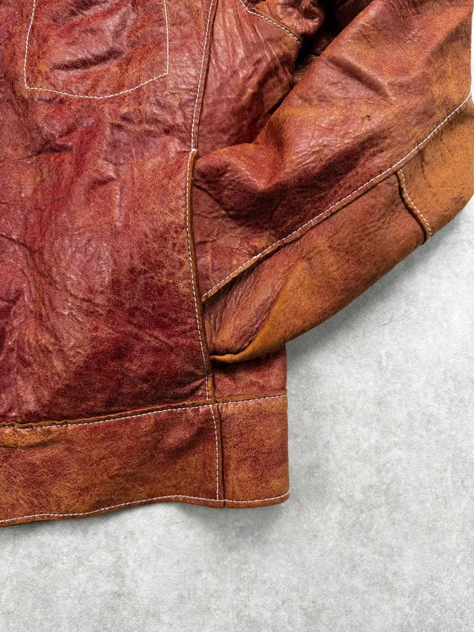 1990s Dolce & Gabbana Red Eroded Buttoned Leather Jacket KswVWxw 7