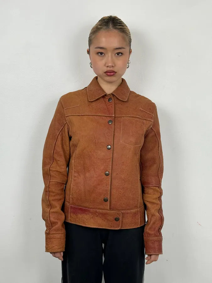 1990s Dolce & Gabbana Red Eroded Trucker Leather Jacket imfAkWo 1