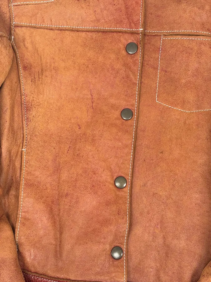 1990s Dolce & Gabbana Red Eroded Trucker Leather Jacket imfAkWo 7
