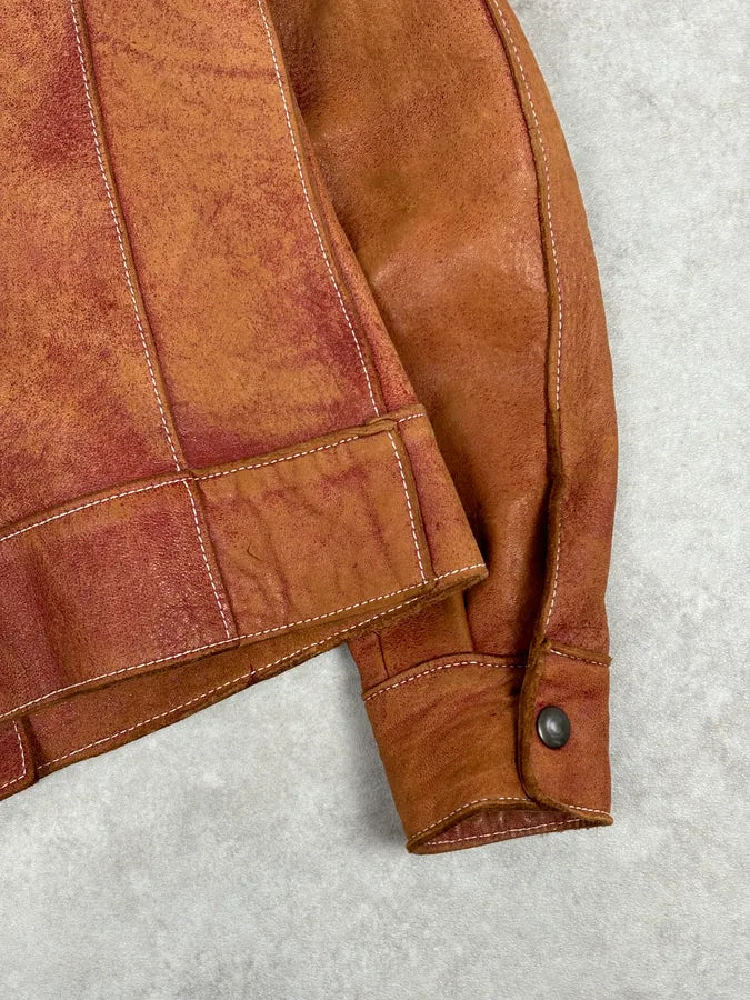 1990s Dolce & Gabbana Red Eroded Trucker Leather Jacket imfAkWo 8