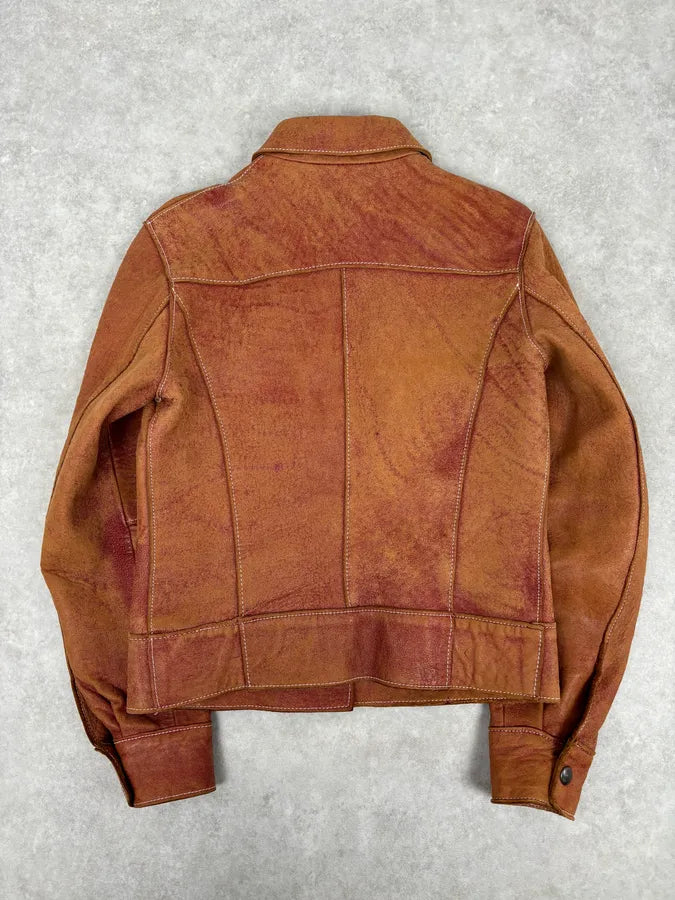 1990s Dolce & Gabbana Red Eroded Trucker Leather Jacket imfAkWo 4