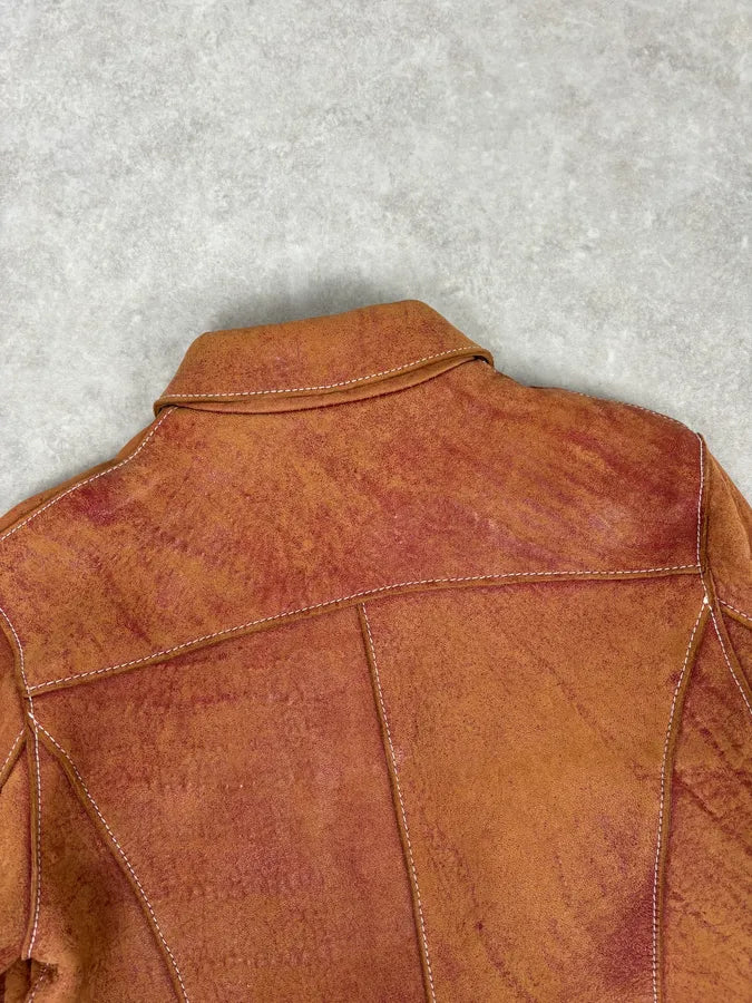 1990s Dolce & Gabbana Red Eroded Trucker Leather Jacket imfAkWo 5