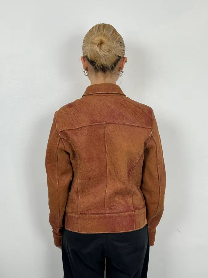 1990s Dolce & Gabbana Red Eroded Trucker Leather Jacket imfAkWo 2
