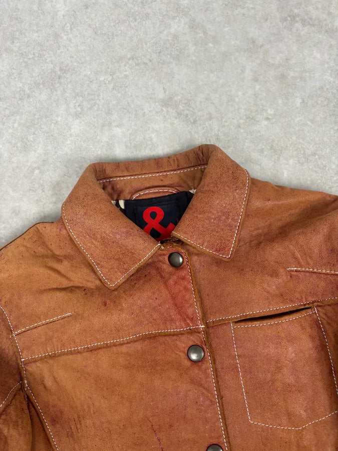 1990s Dolce & Gabbana Red Eroded Trucker Leather Jacket imfAkWo 3