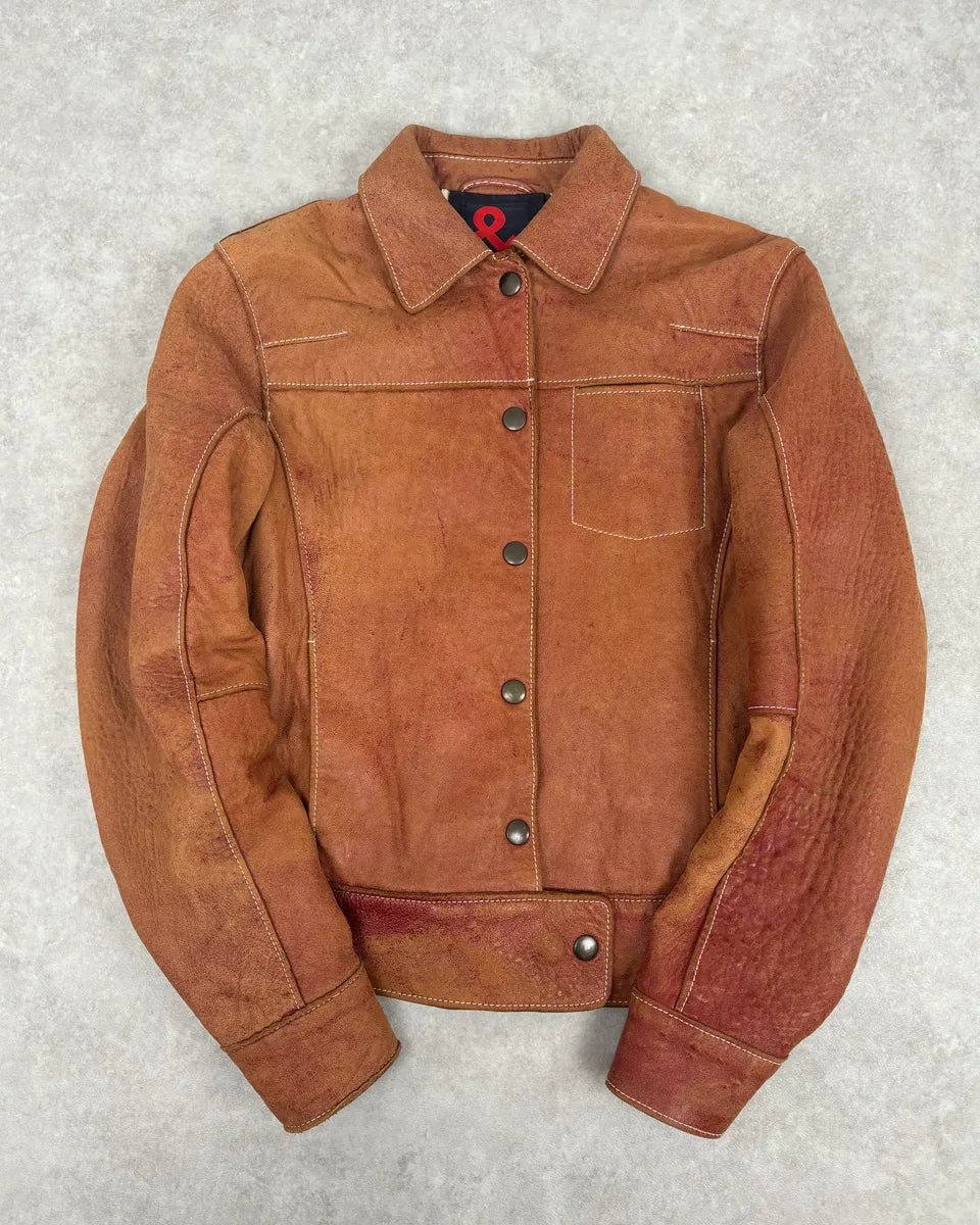 1990s Dolce & Gabbana Red Eroded Trucker Leather Jacket imfAkWo 0