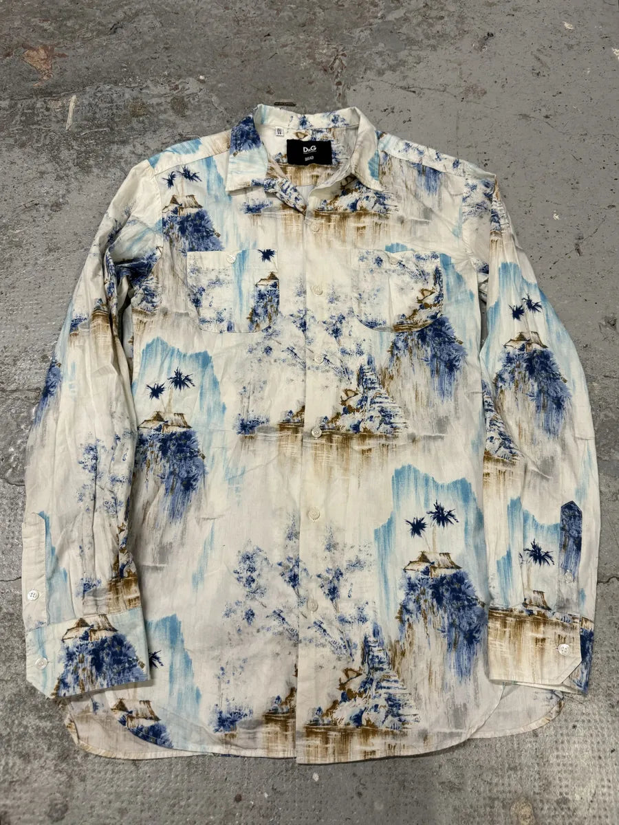 1990s Dolce & Gabbana White & Blue Abstract Nature Shirt mIGlxHw 0