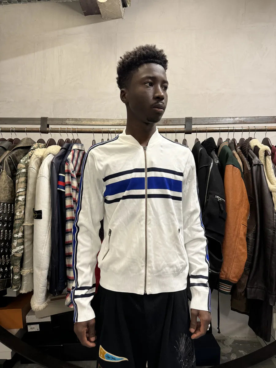 1990s Dolce & Gabbana White & Blue Lined Zip-up Sweater dCOgNBr 1