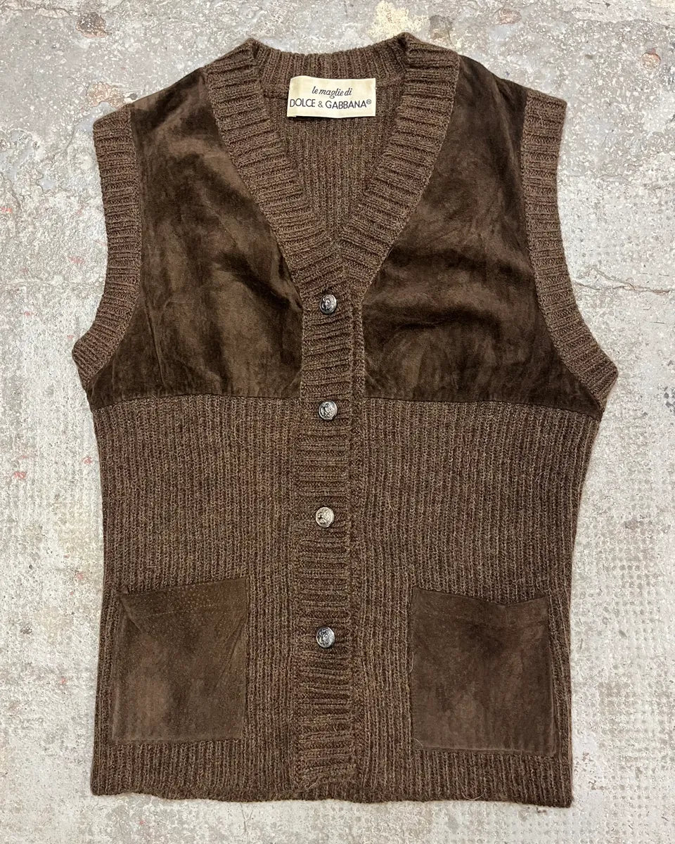 AW1993 Dolce & Gabbana Wool Leather Brown Sleeveless Cardigan mBcAYqq 0