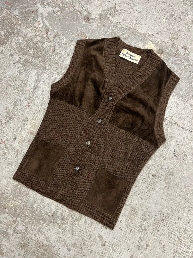 AW1993 Dolce & Gabbana Wool Leather Brown Sleeveless Cardigan mBcAYqq 4