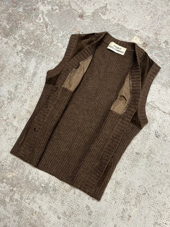 AW1993 Dolce & Gabbana Wool Leather Brown Sleeveless Cardigan mBcAYqq 5