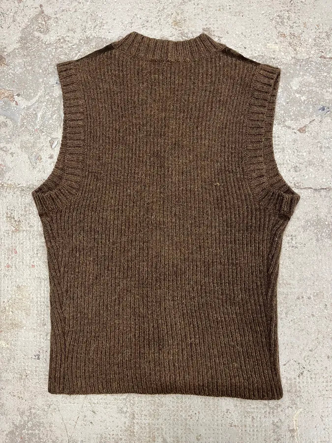 AW1993 Dolce & Gabbana Wool Leather Brown Sleeveless Cardigan mBcAYqq 1