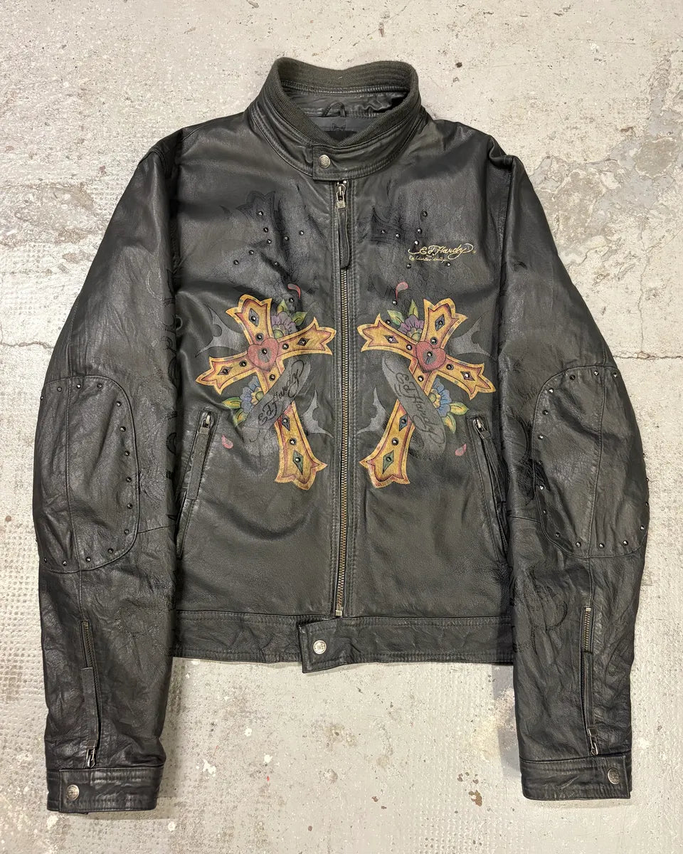1990s Ed Hardy Black Leather Studded Cross Jacket FywlKvo 0