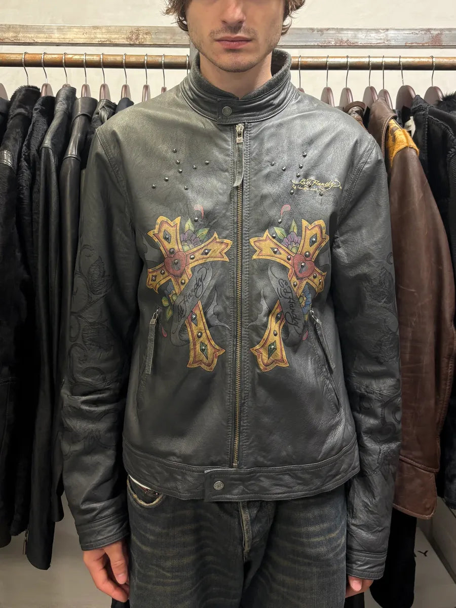 1990s Ed Hardy Black Leather Studded Cross Jacket FywlKvo 1