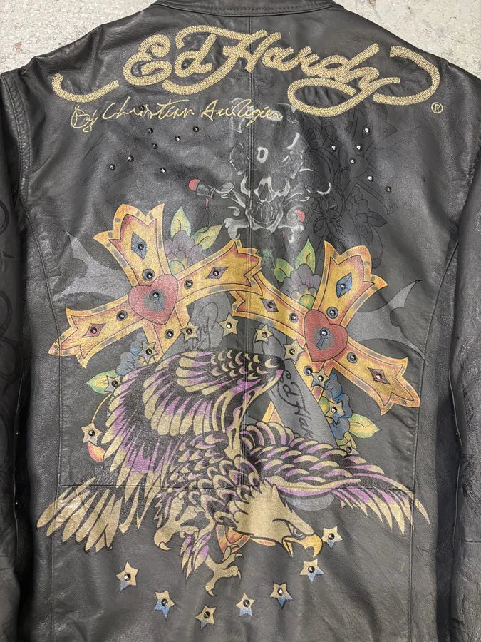 1990s Ed Hardy Black Leather Studded Cross Jacket FywlKvo 10