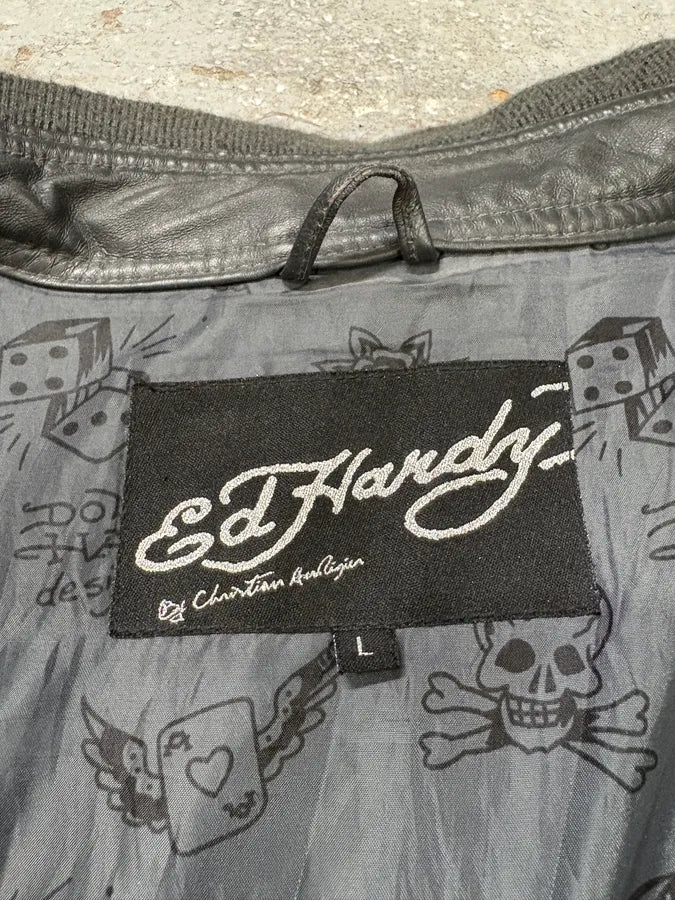 1990s Ed Hardy Black Leather Studded Cross Jacket FywlKvo 12