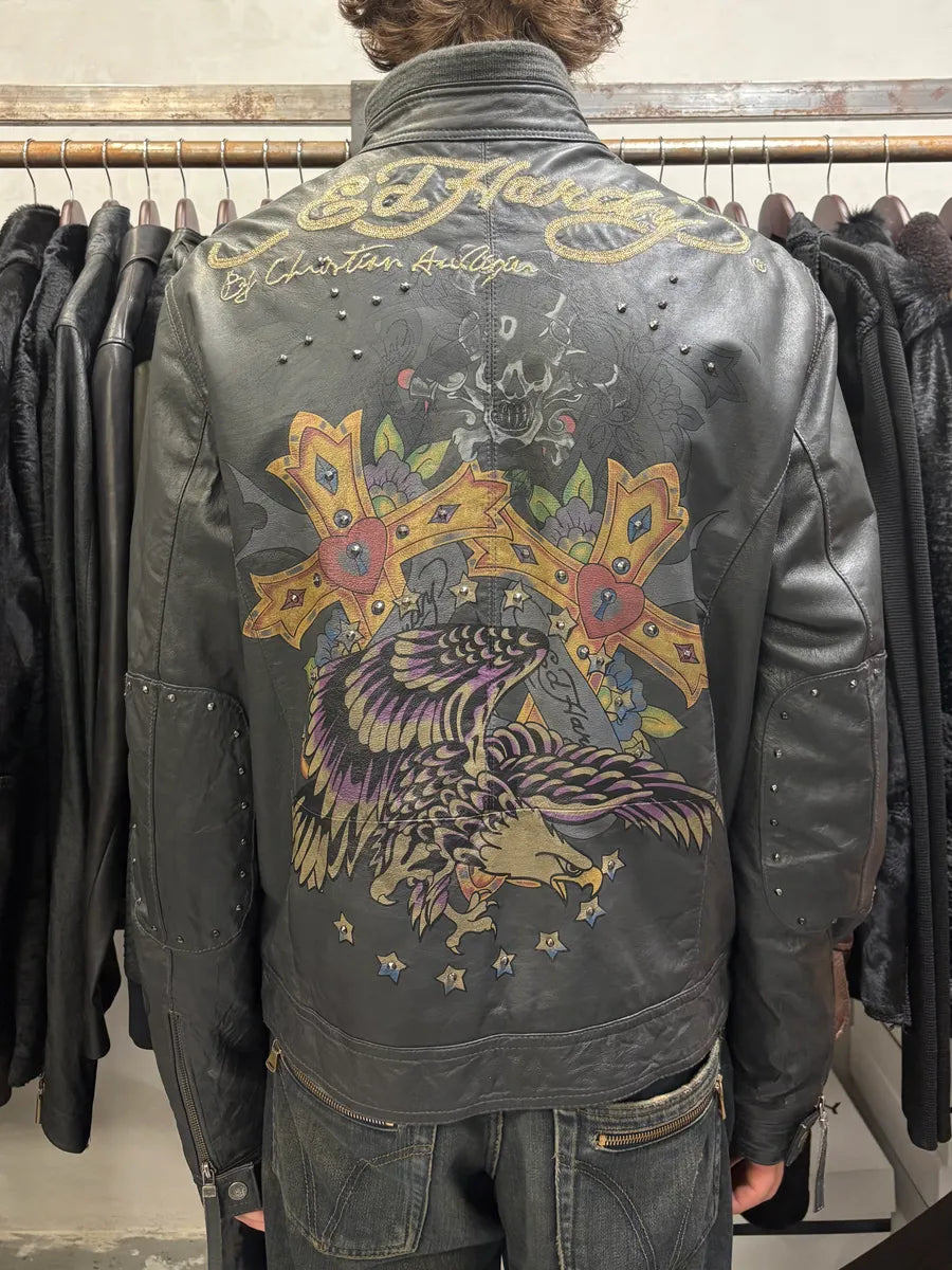 1990s Ed Hardy Black Leather Studded Cross Jacket FywlKvo 2