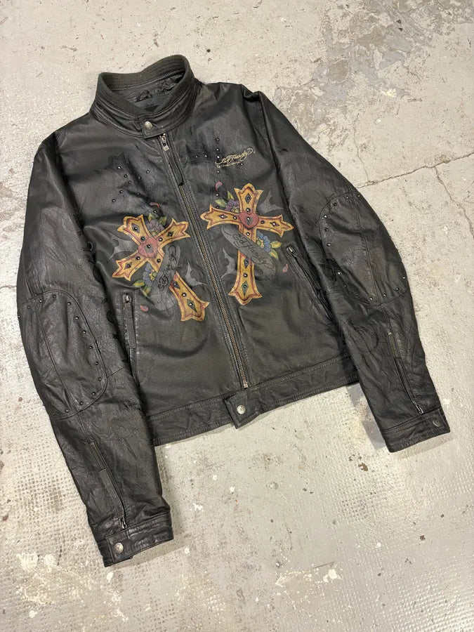 1990s Ed Hardy Black Leather Studded Cross Jacket FywlKvo 3