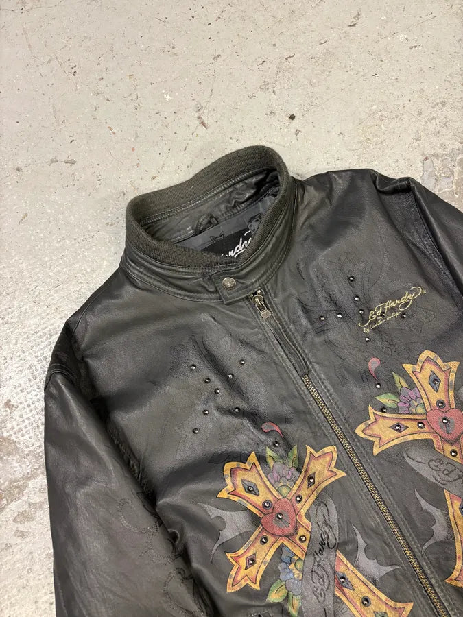 1990s Ed Hardy Black Leather Studded Cross Jacket FywlKvo 4