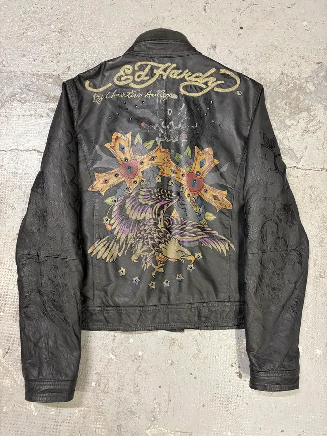 1990s Ed Hardy Black Leather Studded Cross Jacket FywlKvo 5