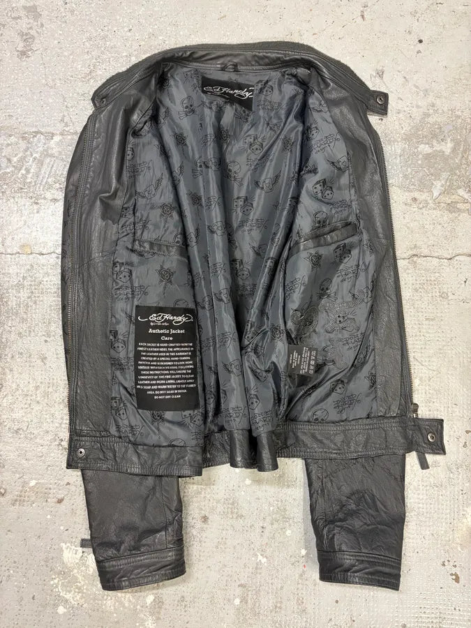 1990s Ed Hardy Black Leather Studded Cross Jacket FywlKvo 6