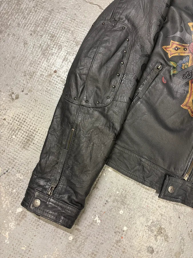 1990s Ed Hardy Black Leather Studded Cross Jacket FywlKvo 7