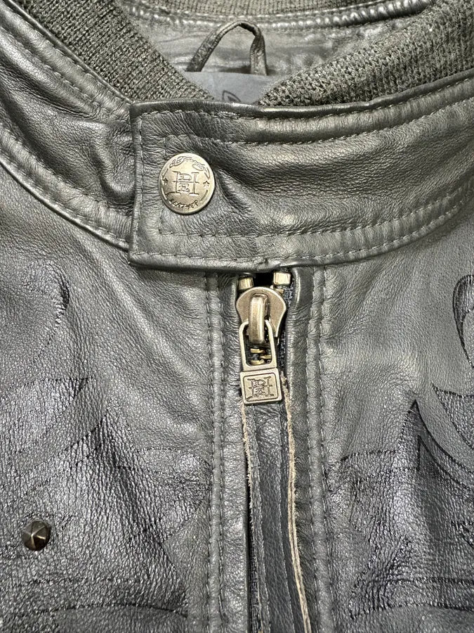 1990s Ed Hardy Black Leather Studded Cross Jacket FywlKvo 8