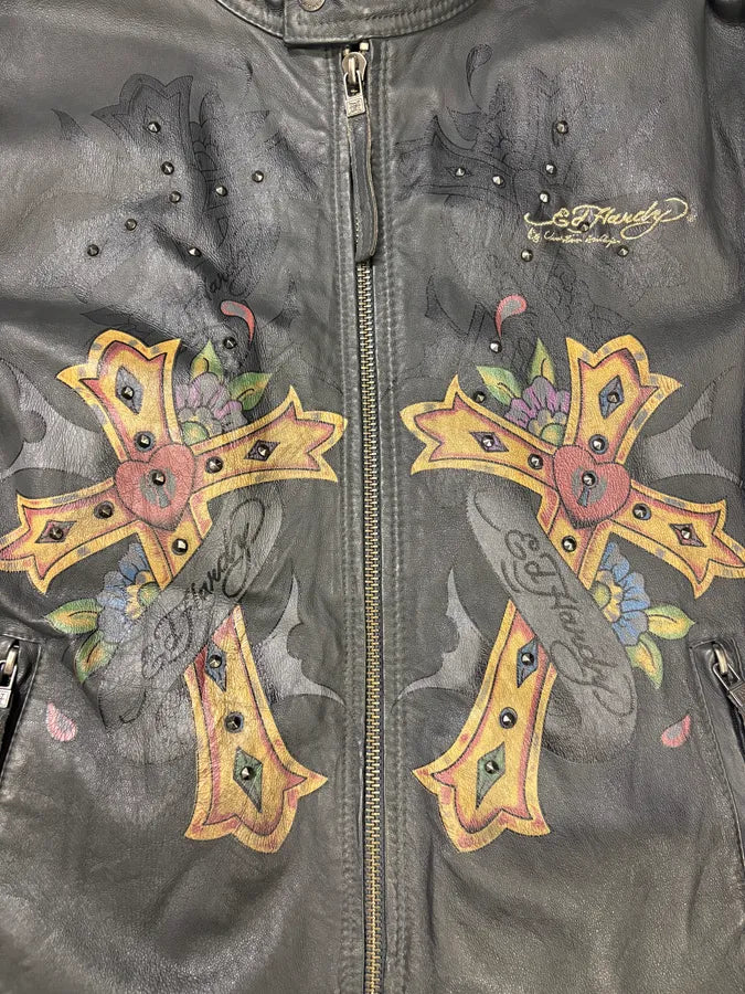1990s Ed Hardy Black Leather Studded Cross Jacket FywlKvo 9