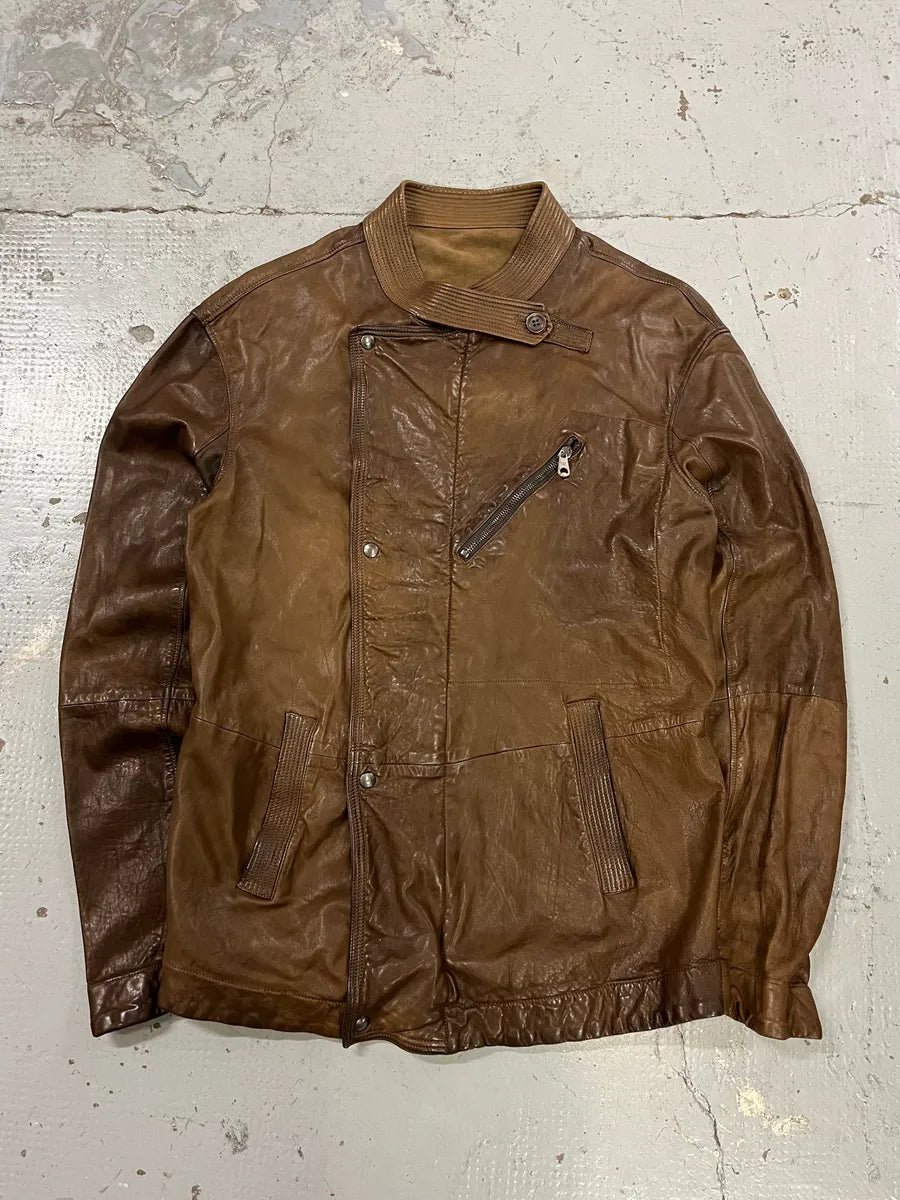 1990s Emporio Armani Asymmetrical Avant Garde Brown Leather Jacket jWVuTsH 0