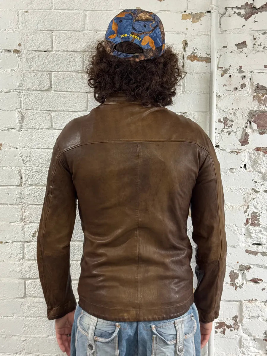1990s Emporio Armani Asymmetrical Avant Garde Brown Leather Jacket jWVuTsH 2